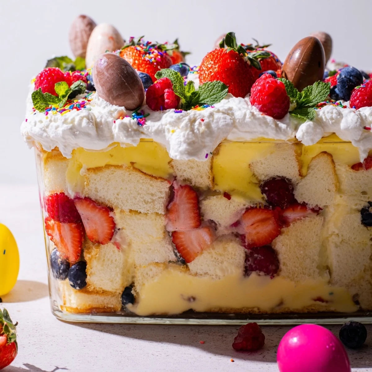 Layered Easter trifle dessert with sponge cake, custard, fresh berries, and whipped cream in glass bowl