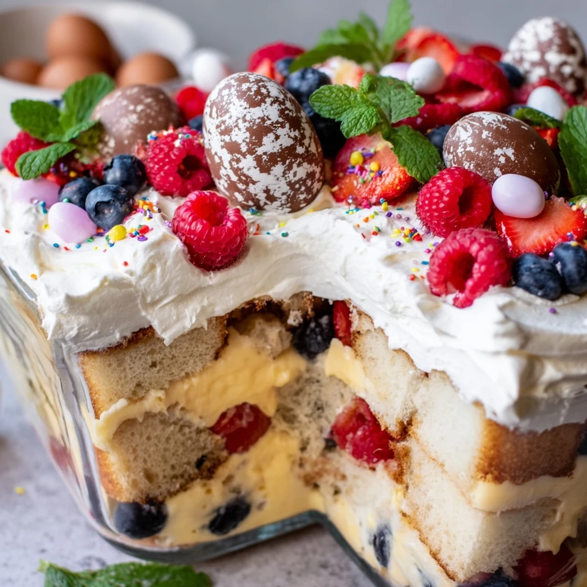 Festive Easter trifle featuring vanilla custard, mixed berries, and fluffy whipped cream topping