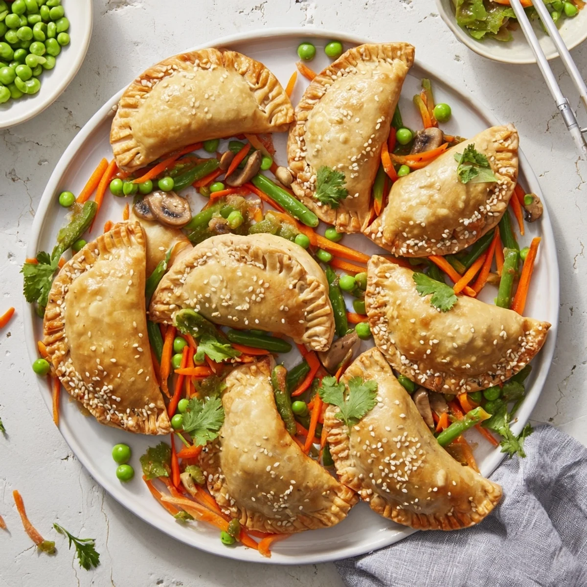Golden brown potsticker stir fry with colorful crisp vegetables in savory glistening sauce
