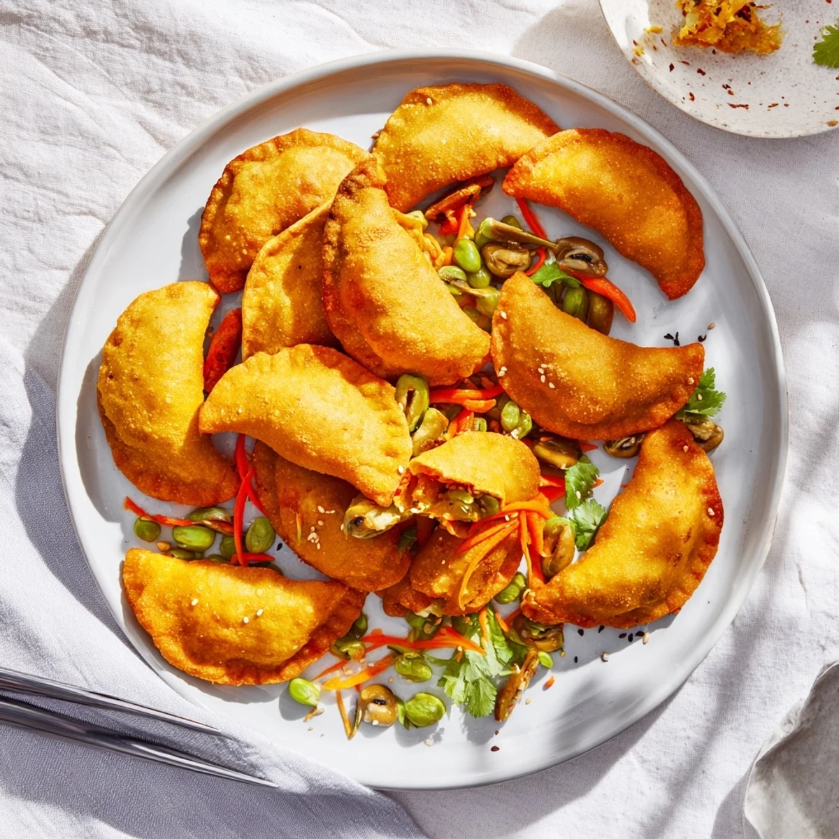Vibrant potsticker stir fry plated with sesame seeds cilantro and tender crisp vegetables