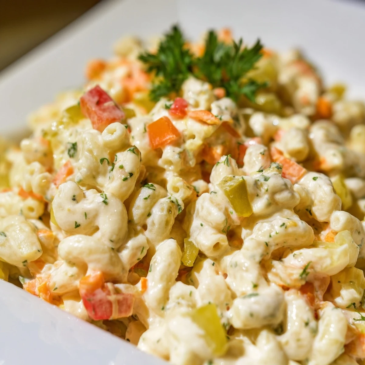 Creamy macaroni salad loaded with crunchy vegetables in a tangy dressing ready to serve