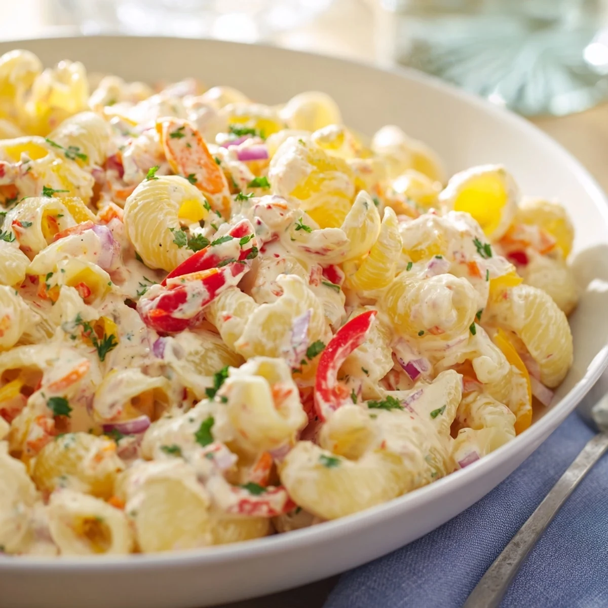 Tangy and creamy macaroni salad with colorful bell peppers and celery in mayonnaise dressing