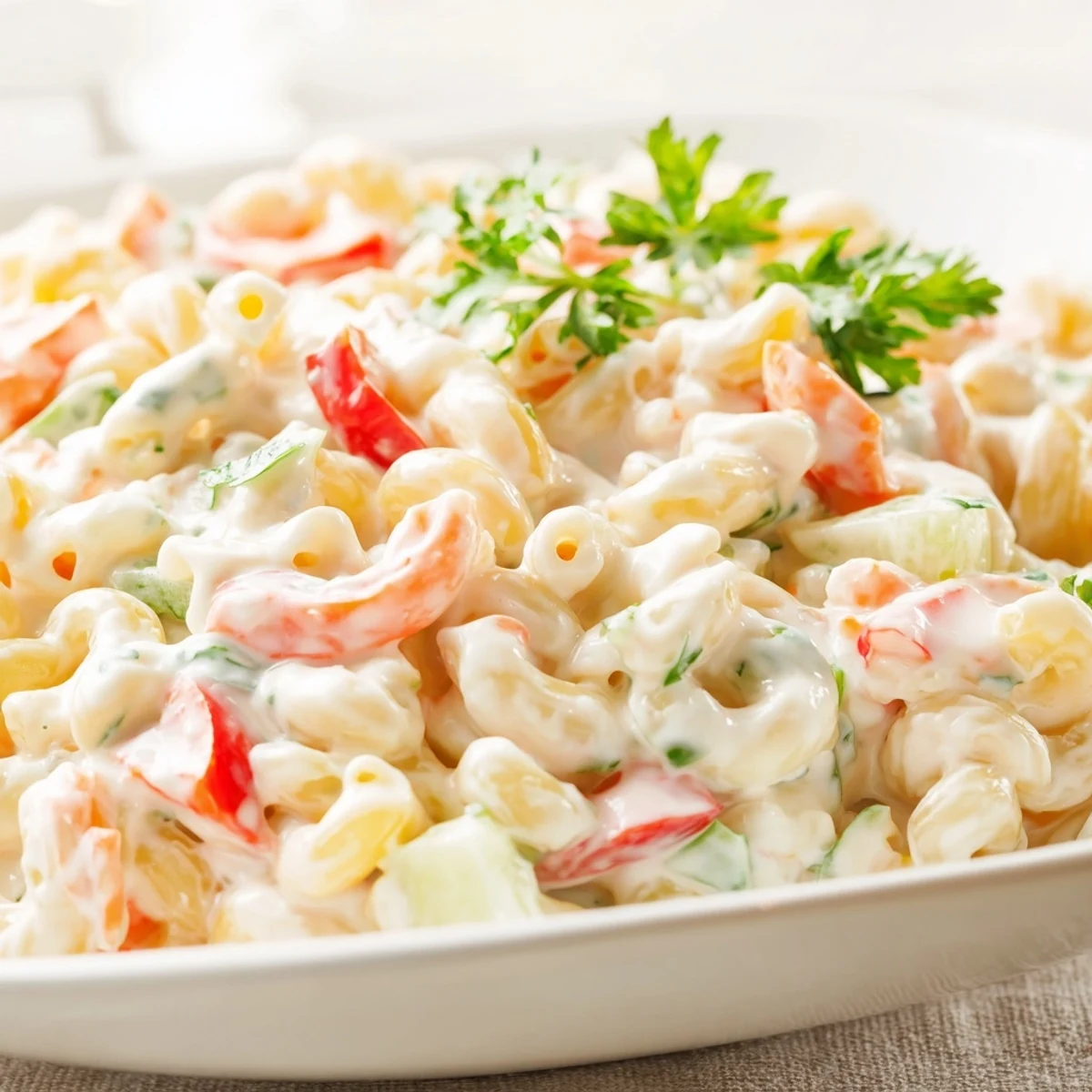 Chilled macaroni salad coated in rich creamy dressing with diced vegetables perfect for picnics