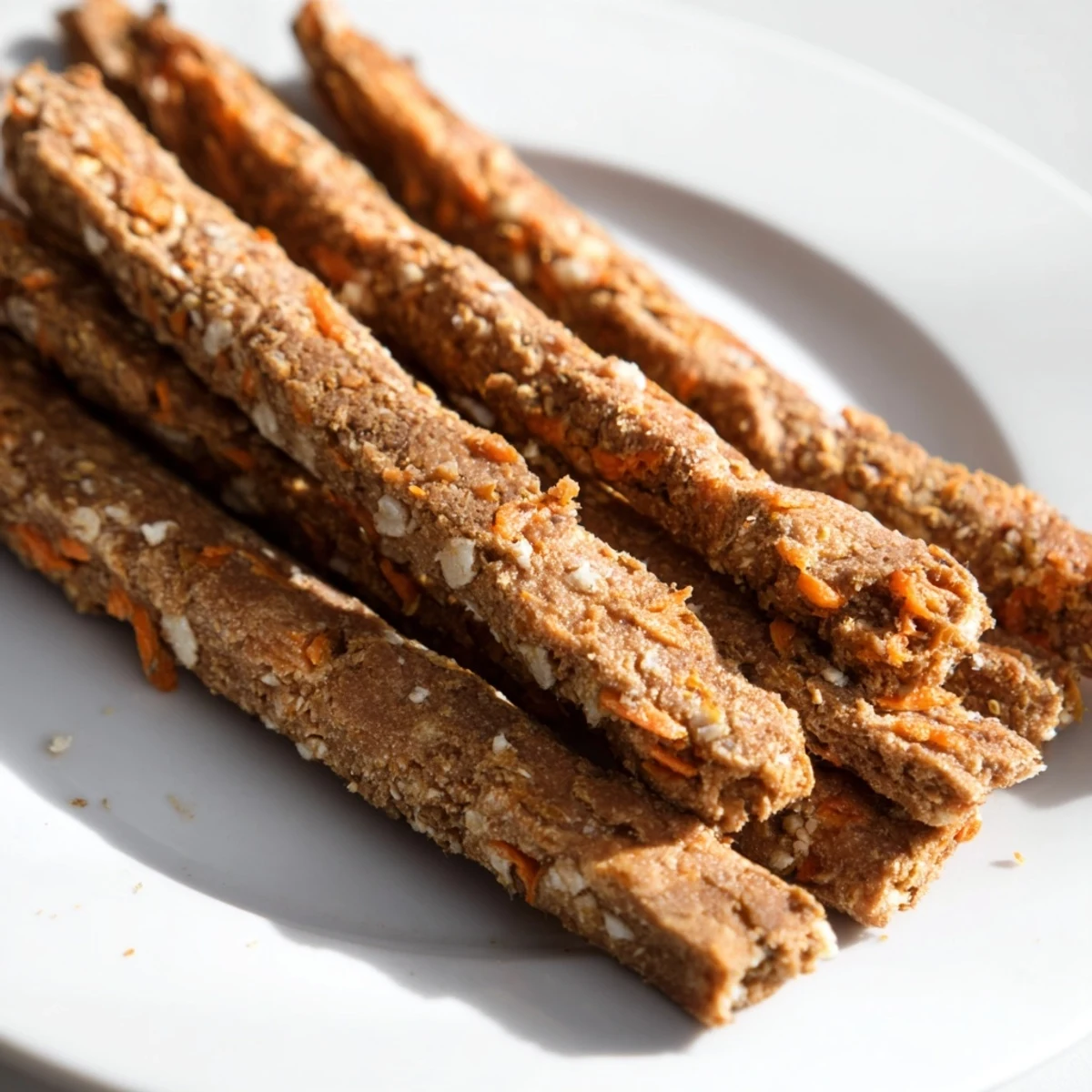 Golden homemade apple and carrot dog chew sticks arranged on a rustic parchment-lined baking sheet ready for treating