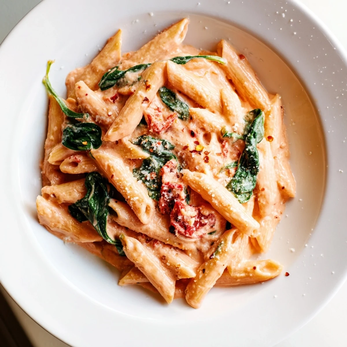 Creamy sun dried tomato spinach pasta in a rustic skillet with velvety sauce coating every tender noodle