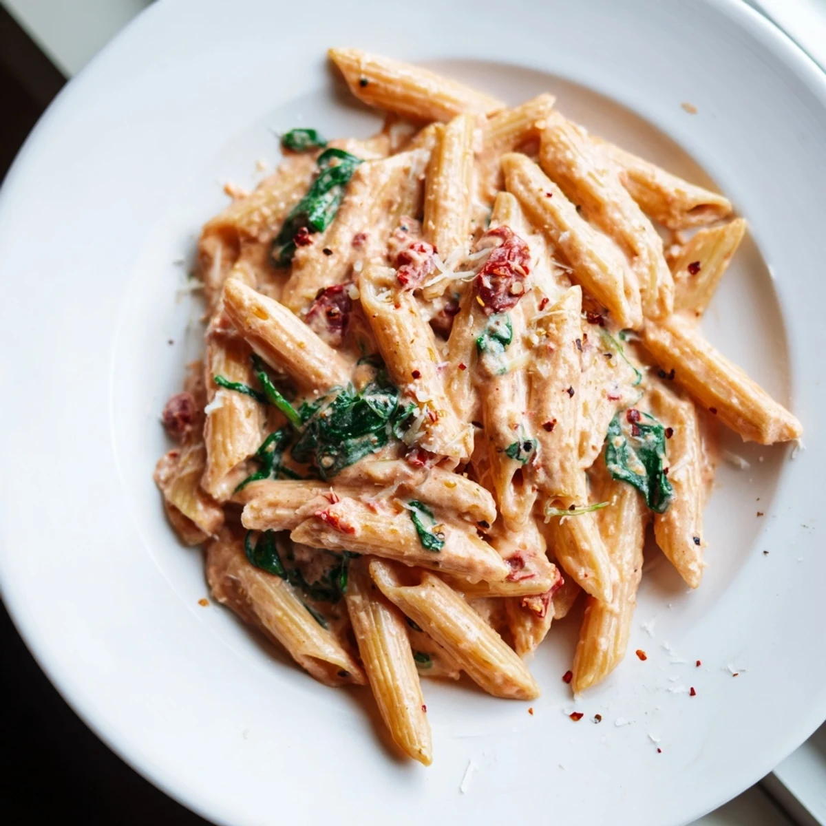 One pan creamy sun dried tomato spinach pasta garnished with Parmesan in a white serving bowl
