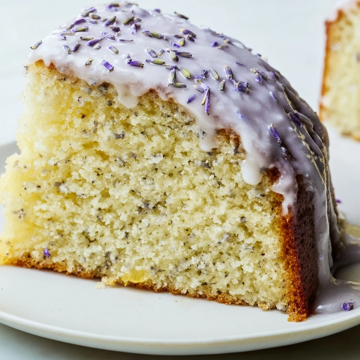 Soft lavender cake slices on a vintage plate with delicate lemon icing and floral aroma