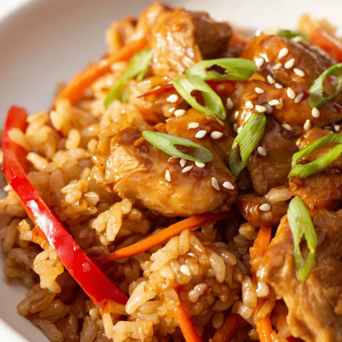 Golden glazed One Pan Korean BBQ Chicken and Rice topped with sesame seeds and green onions in cast iron skillet