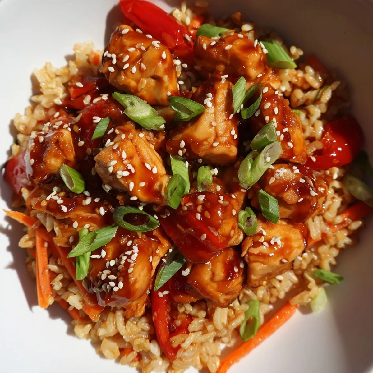 Steaming One Pan Korean BBQ Chicken and Rice with colorful vegetables in glossy dark sauce close-up view