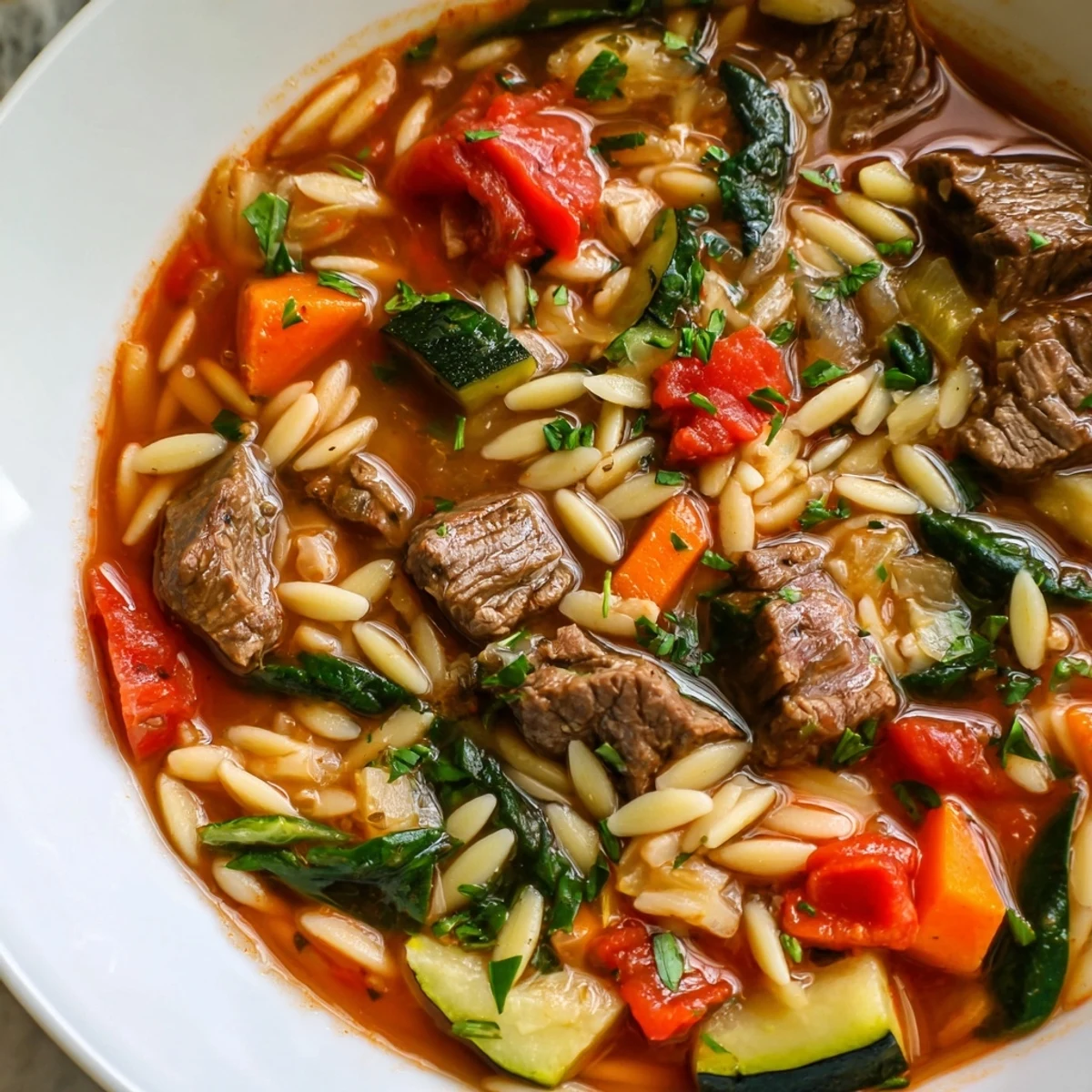 Hearty beef and orzo soup steaming in a rustic bowl with colorful garden vegetables