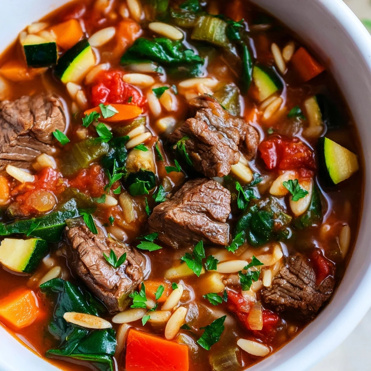 Spoon lifting tender beef chunks and orzo pasta from a rich, savory vegetable broth