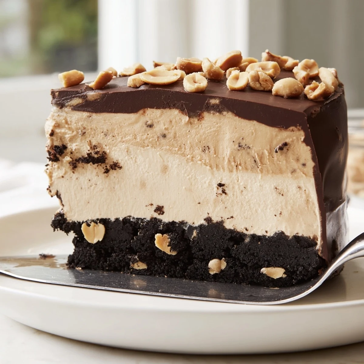 Creamy no bake peanut butter pie sliced and served on a white dessert plate