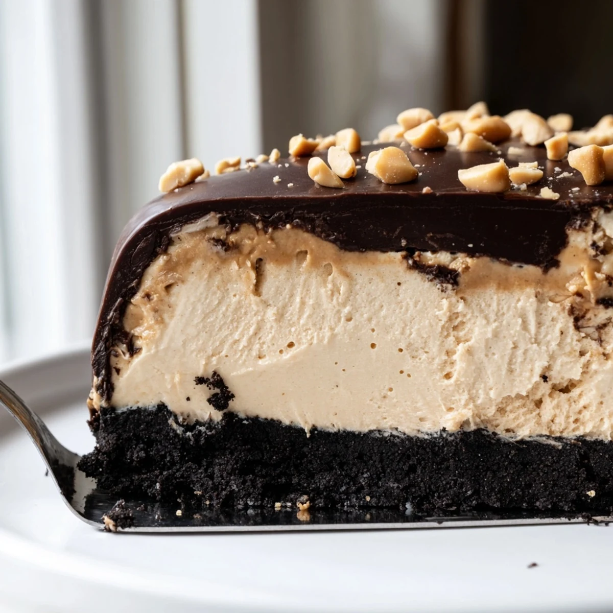 No bake peanut butter pie with chocolate ganache drizzle and chopped peanut garnish