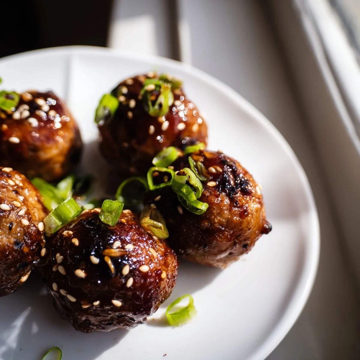 Golden Korean BBQ meatballs with sesame seeds alongside a bowl of creamy spicy mayo dip