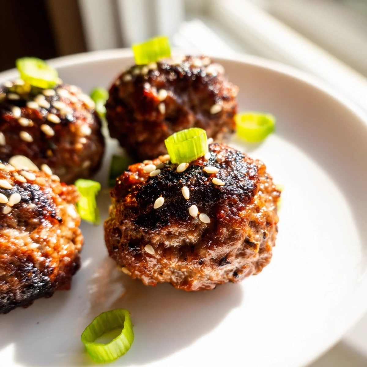 Korean BBQ meatballs glazed and garnished with green onions on a white serving platter