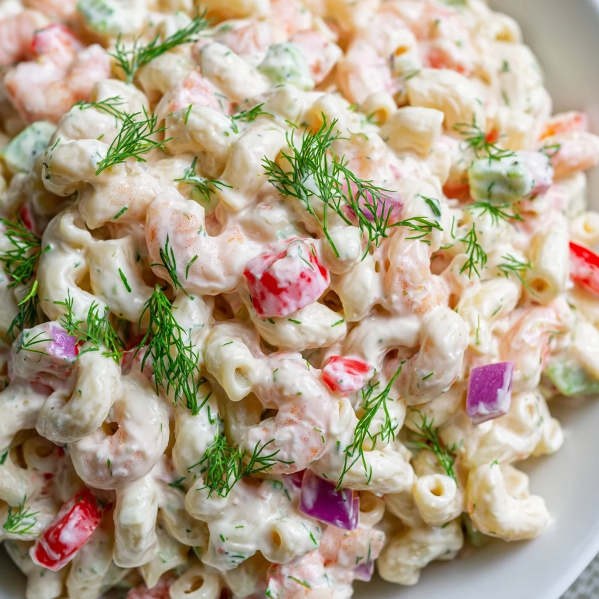 Creamy shrimp macaroni salad in a rustic bowl with fresh dill garnish