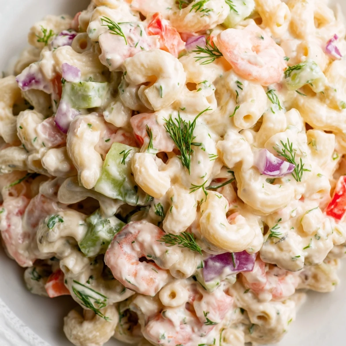 Spoonful of creamy shrimp macaroni salad served on a sunny picnic table