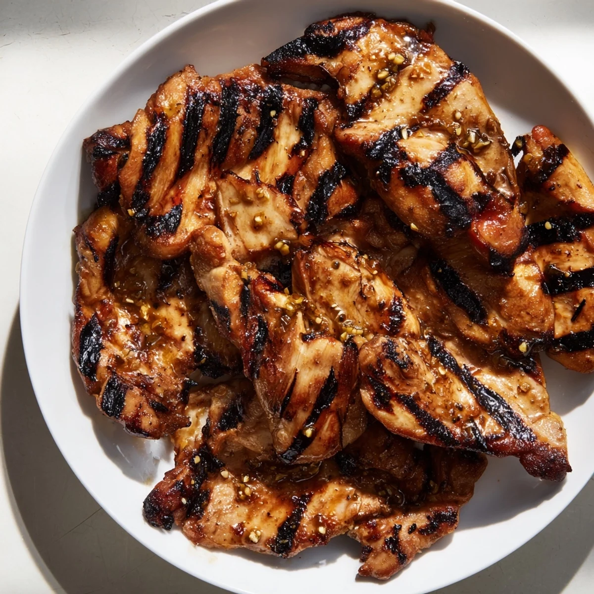 Golden grilled Vietnamese chicken with charred edges resting on a white plate