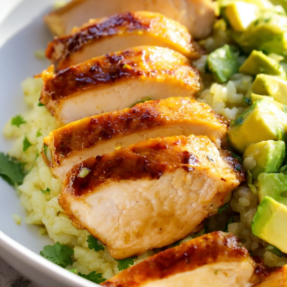 Golden seared honey lime chicken sliced over a bed of creamy avocado rice with fresh cilantro