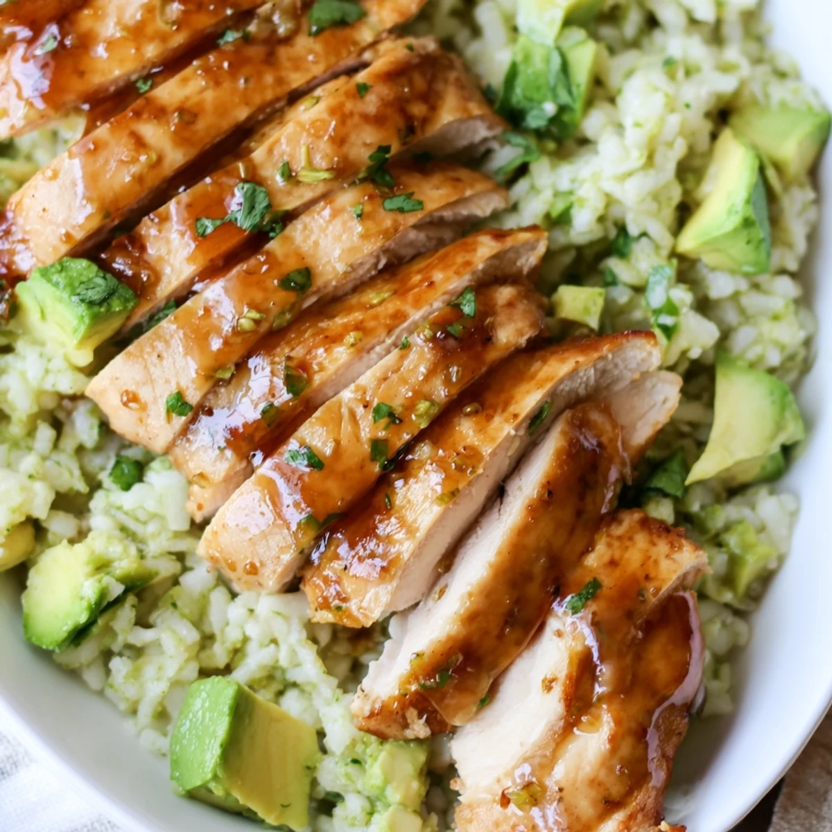 Juicy honey lime chicken served alongside fluffy green avocado rice garnished with lime wedges