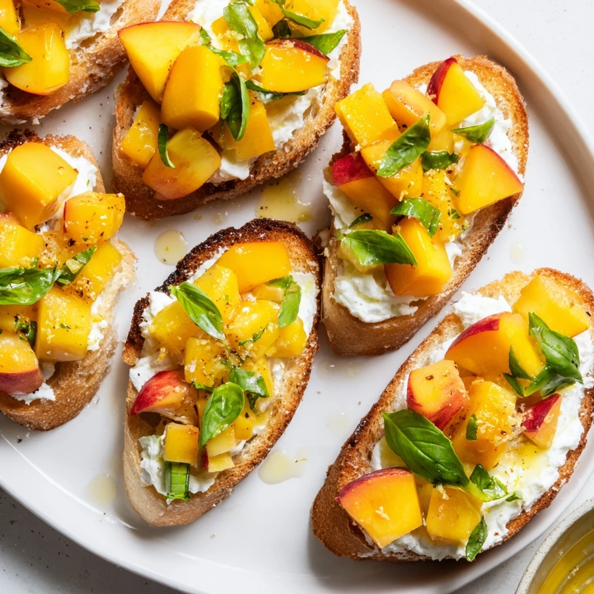 Golden toasted baguette slices topped with creamy ricotta and vibrant Sun Kissed Peach Bruschetta