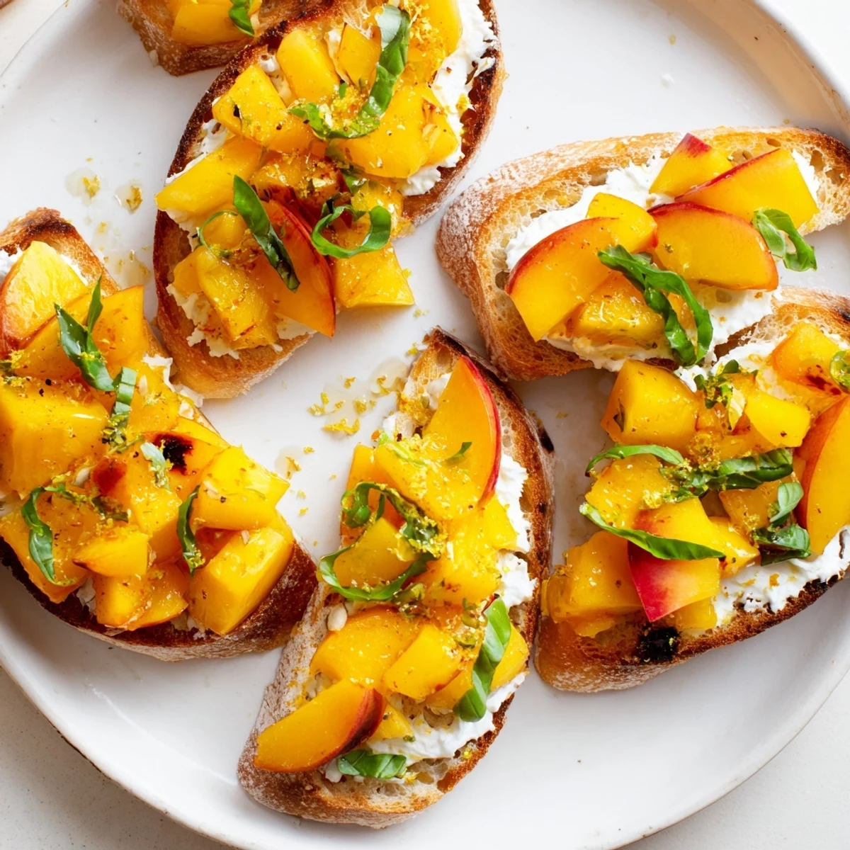 Fresh Summer peach bruschetta with sweet honey drizzle and fragrant basil on crispy bread