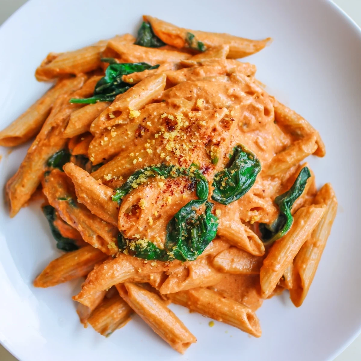 Creamy sun dried tomato vegan pasta topped with fresh basil leaves on white plate