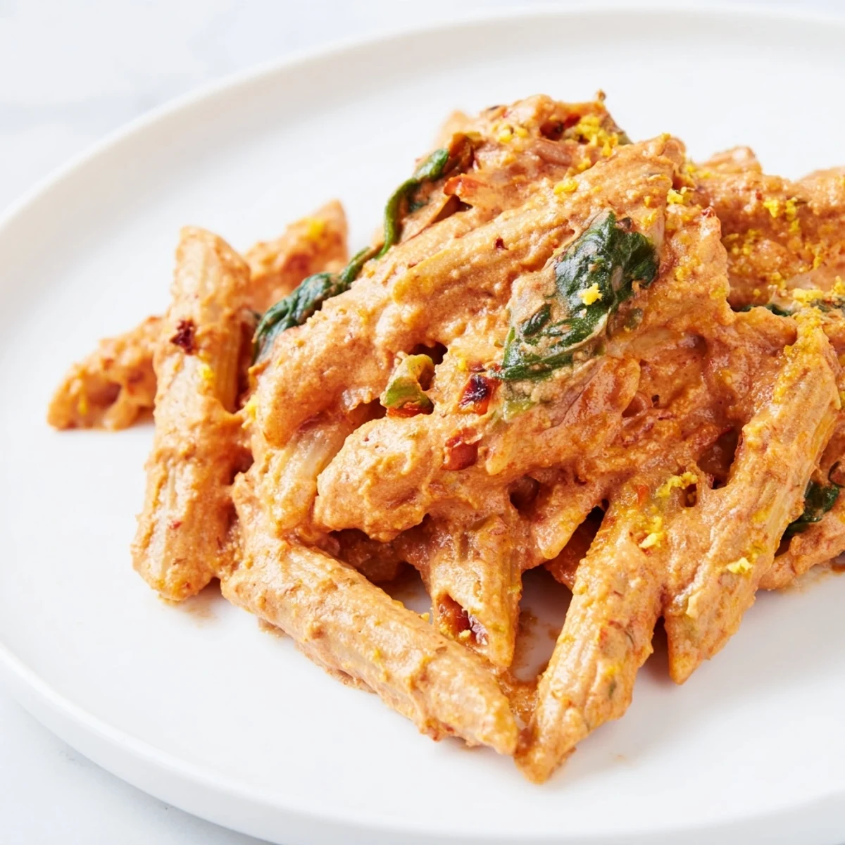 Sun dried tomato vegan pasta in rich orange cashew sauce with wilted spinach