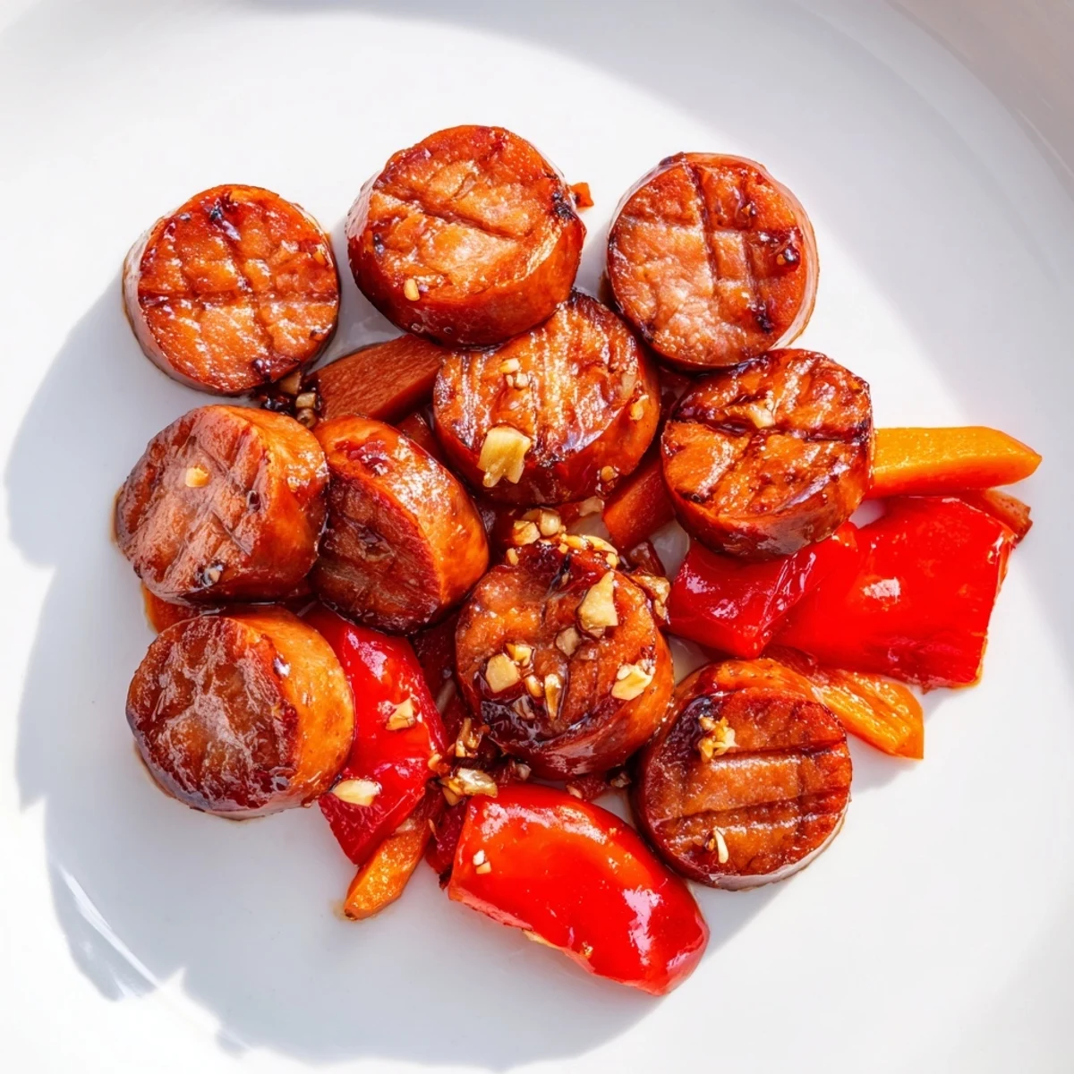 Honey Garlic Kielbasa Veggies with colorful peppers and glossy sauce in cast iron skillet