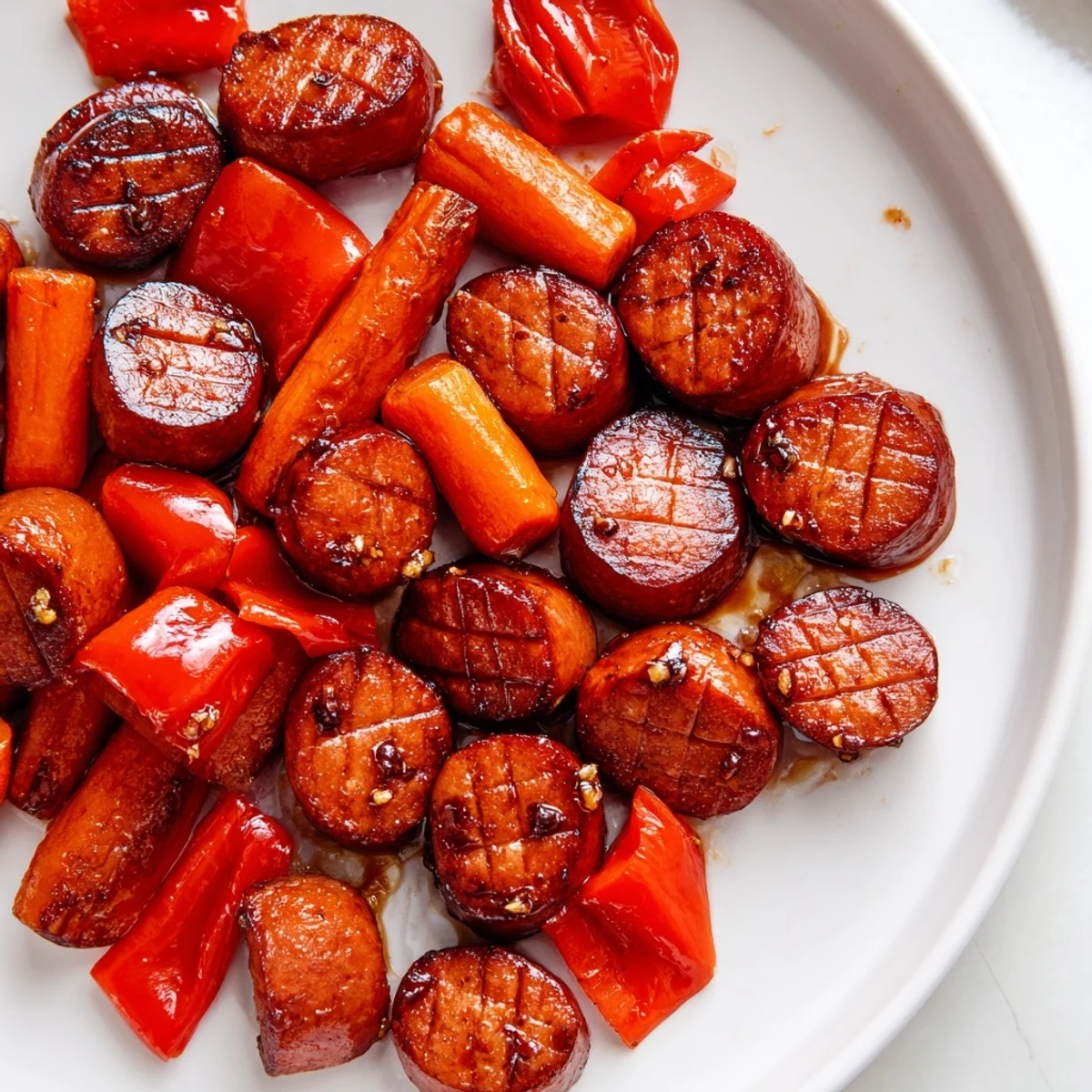 Smoky sausage and crisp tender vegetables coated in sticky honey garlic kielbasa glaze