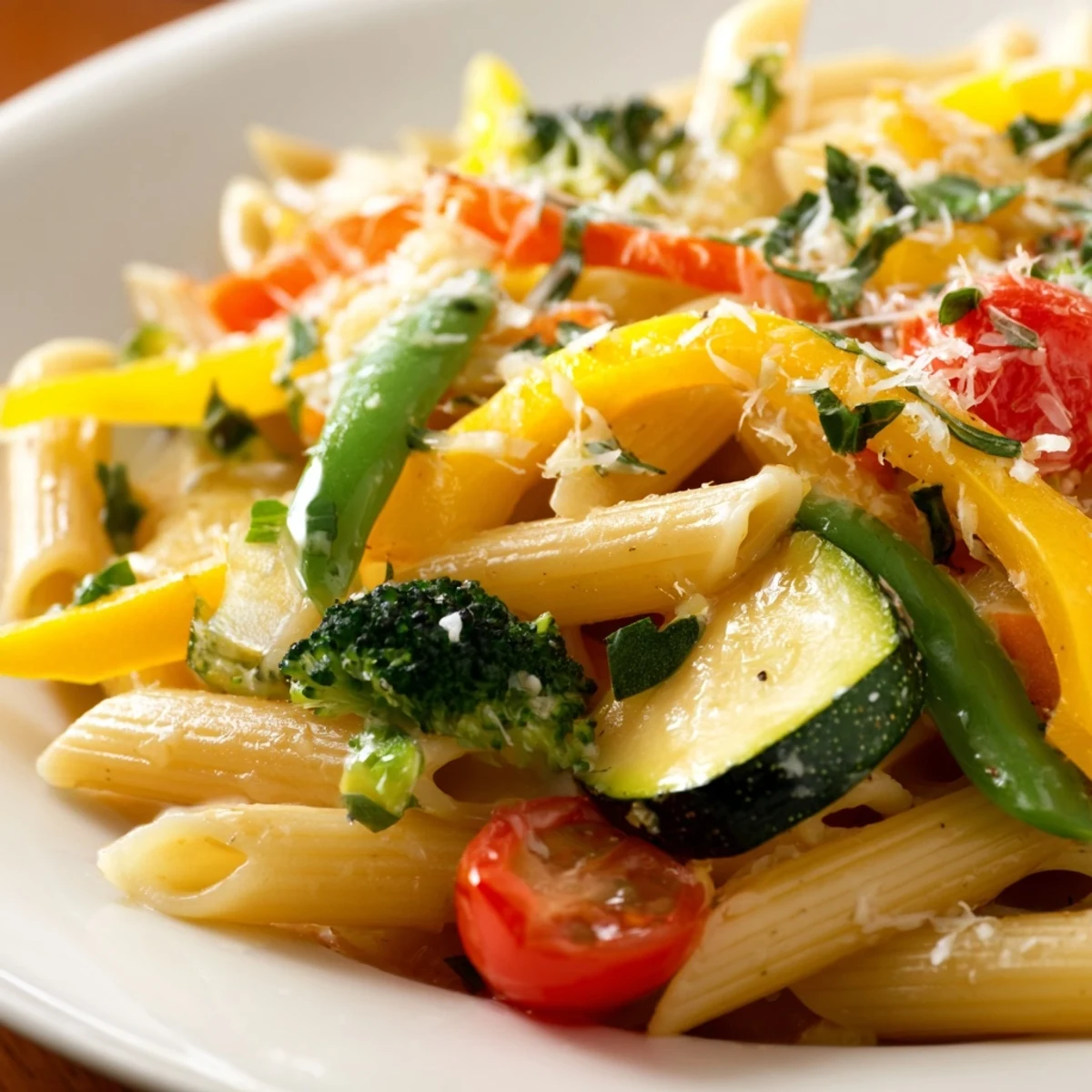 Colorful Pasta Primavera with tender crisp vegetables in a light garlic sauce on a white plate