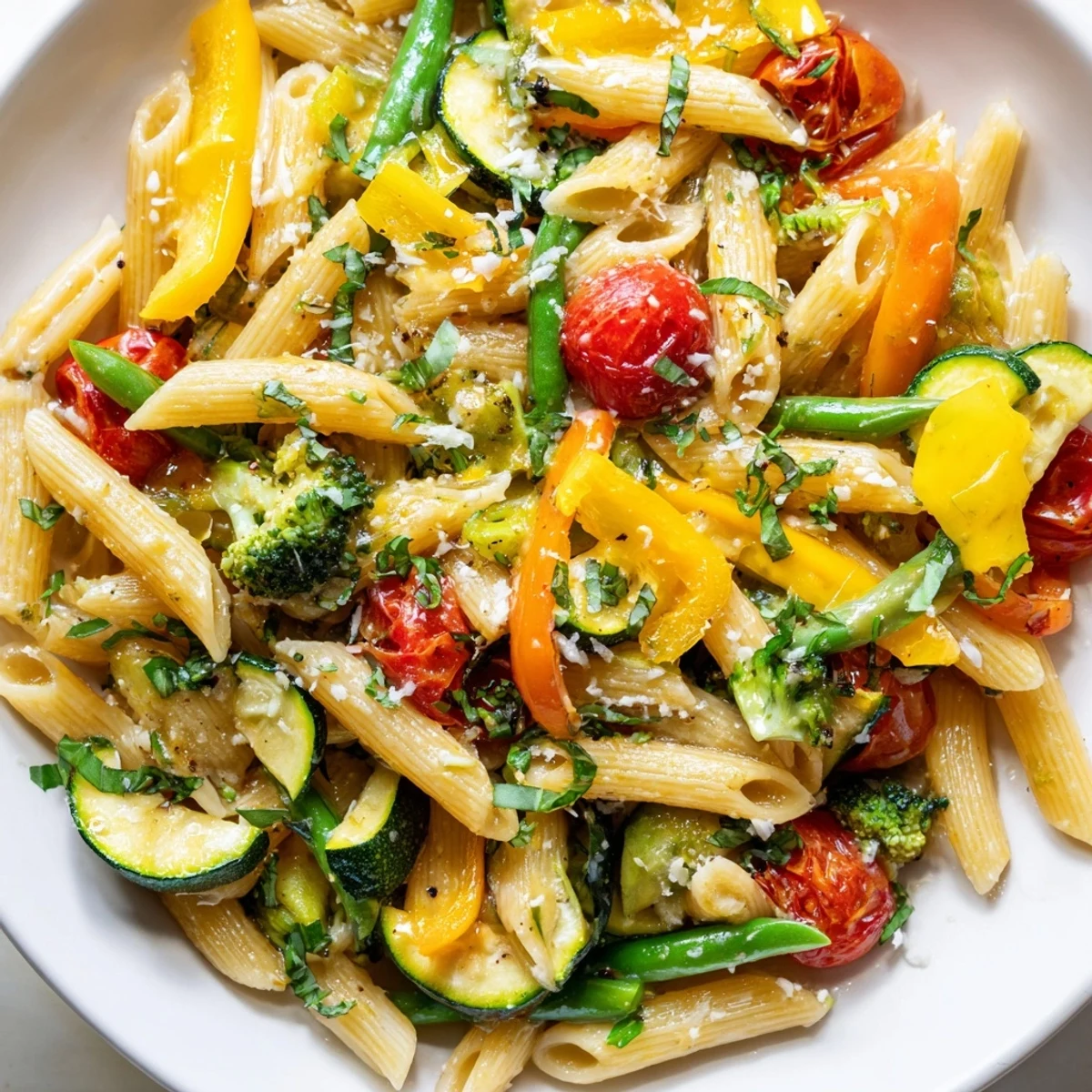 Creamy Pasta Primavera topped with Parmesan cheese and fresh herbs in a cast iron skillet