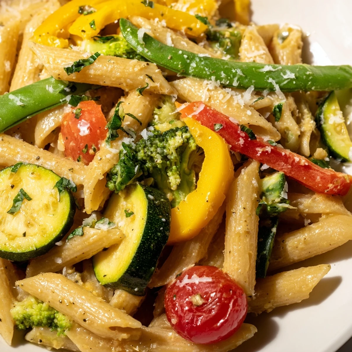 Vibrant Pasta Primavera featuring al dente penne tossed with seasonal vegetables and olive oil