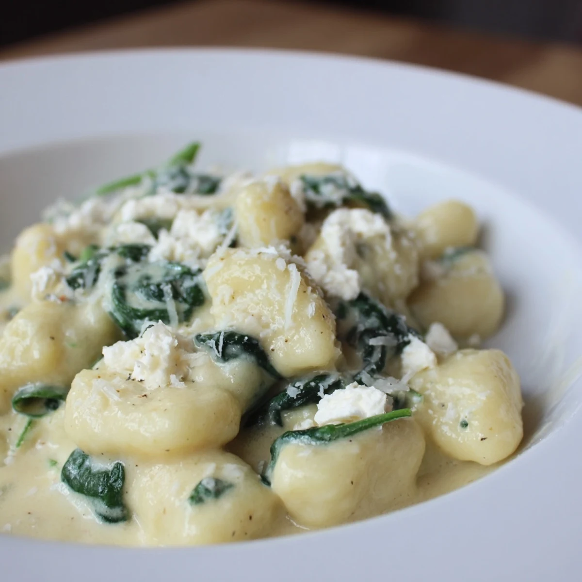 Creamy gnocchi with spinach and feta served in a rustic white bowl
