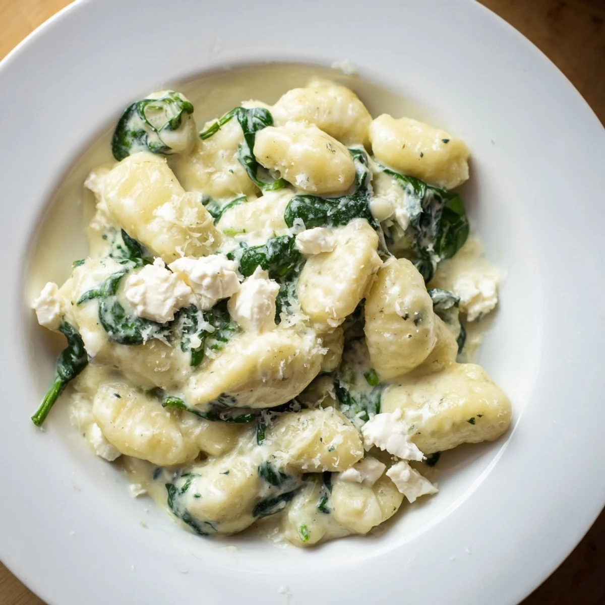 Golden potato gnocchi with spinach and feta glistening in rich cream sauce