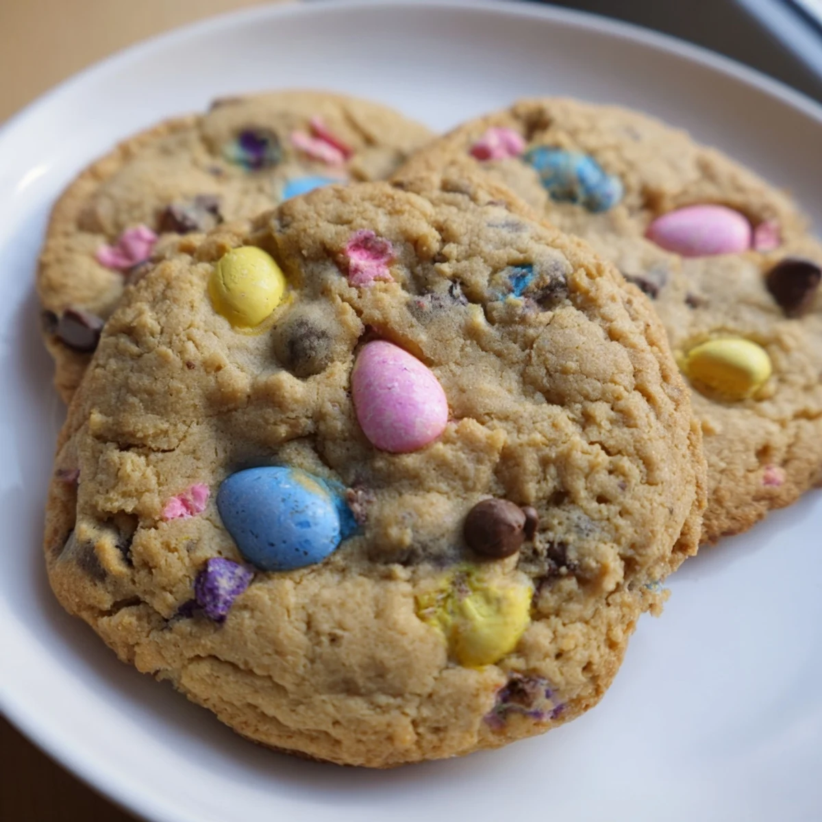 Soft golden Cadbury Egg Cookies with colorful candy pieces on a rustic baking sheet