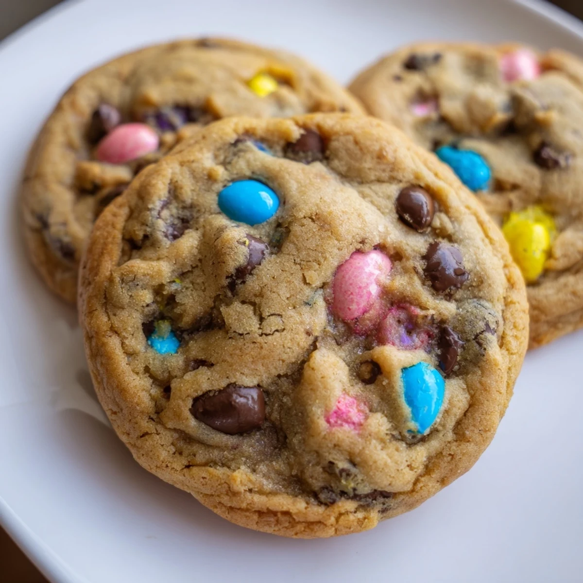Chewy Cadbury Egg Cookies loaded with chocolate chips and pastel egg chunks close-up