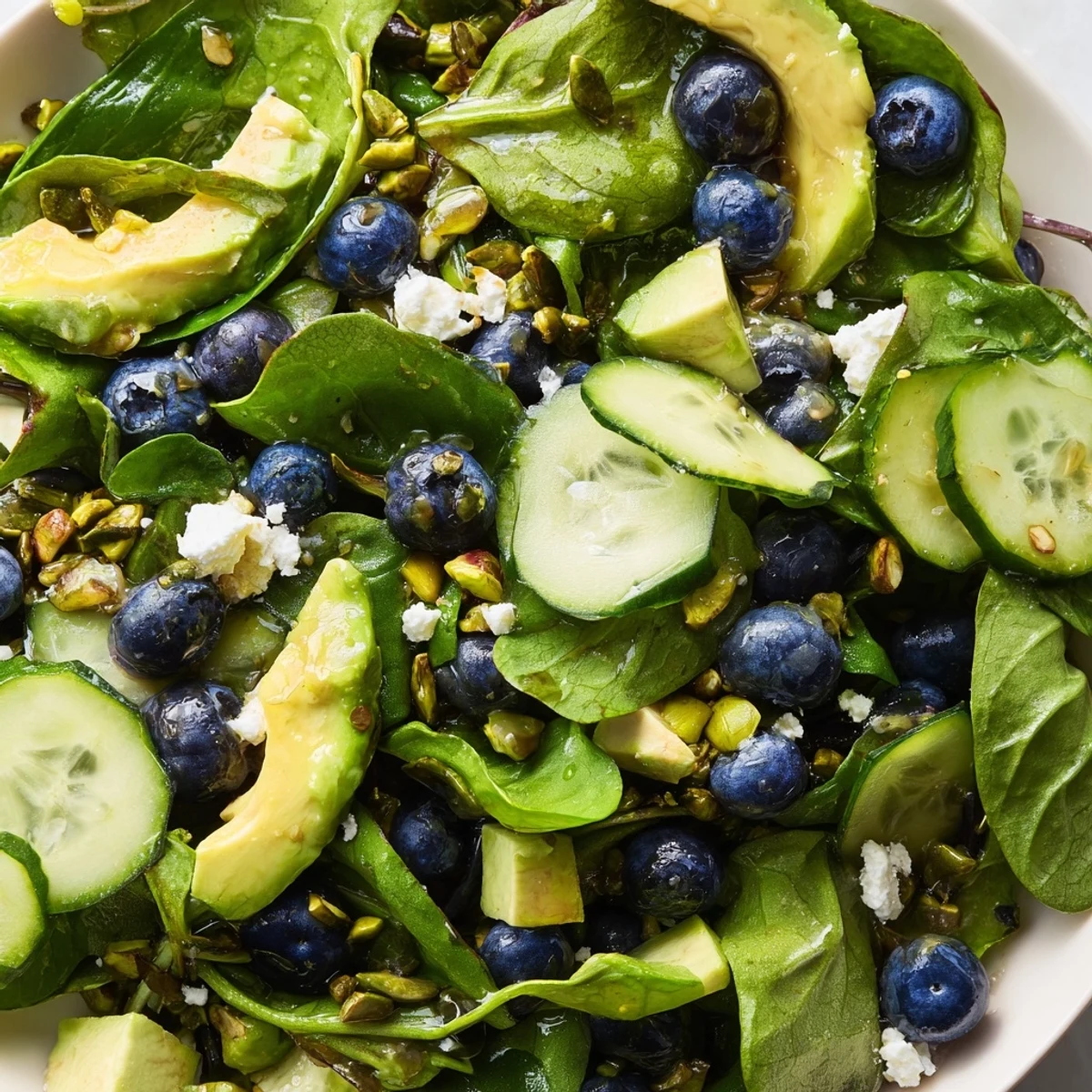 Fresh blueberry pistachio spring salad topped with creamy feta on a rustic wooden serving board