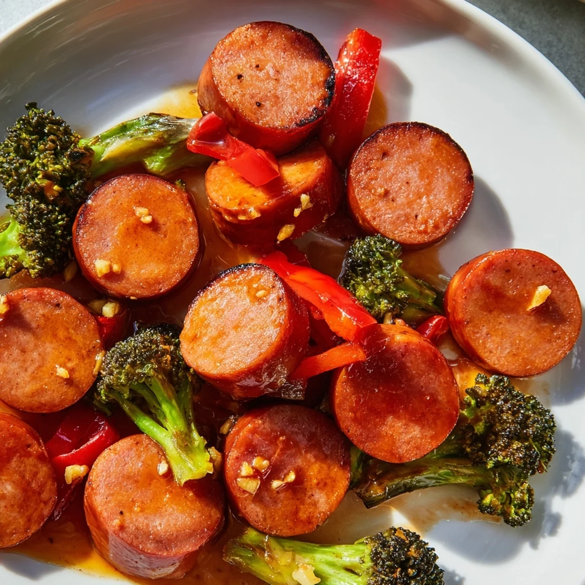 Caramelized honey garlic kielbasa with roasted vegetables on a sheet pan