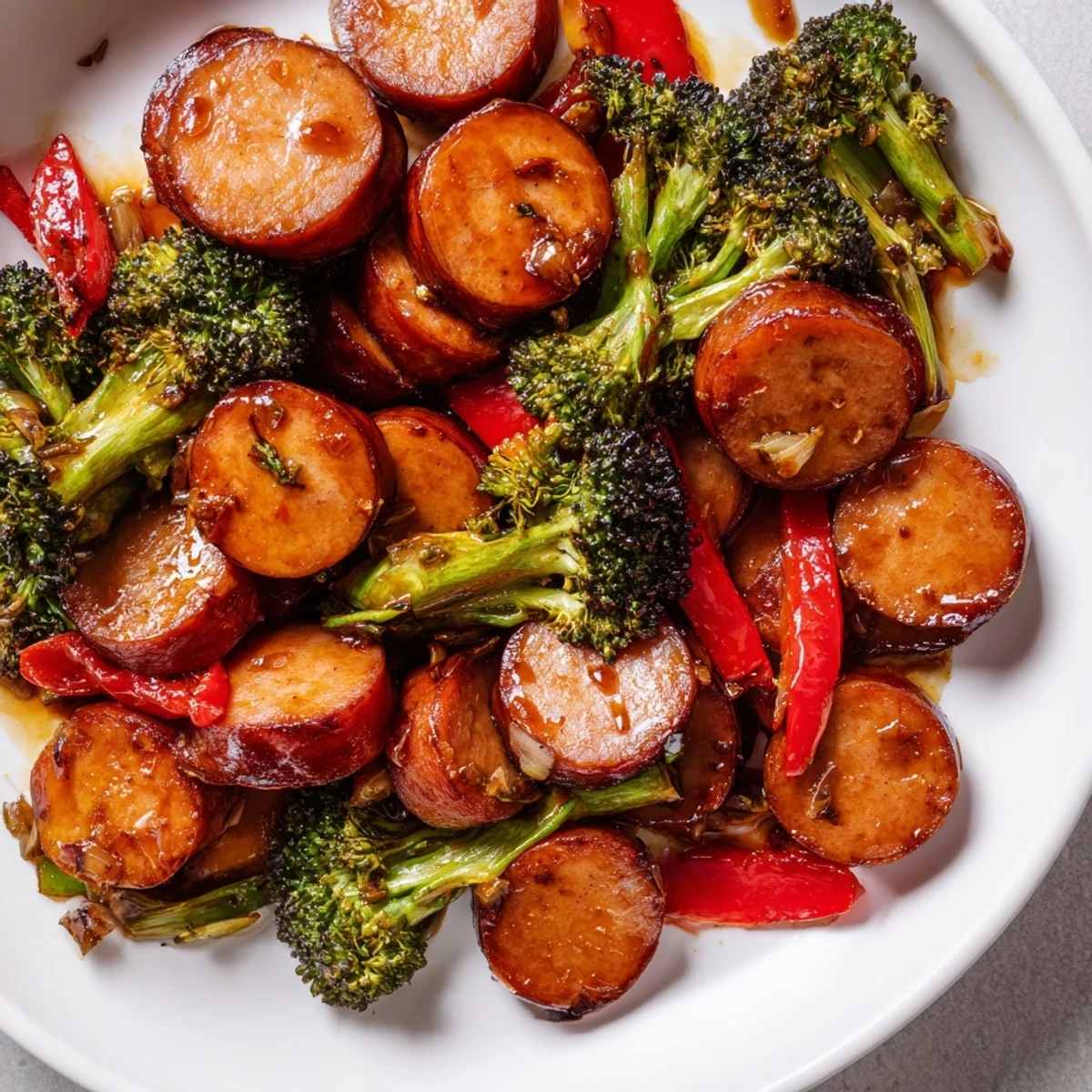 Smoky kielbasa slices nestled among tender broccoli and bell peppers coated in honey garlic sauce