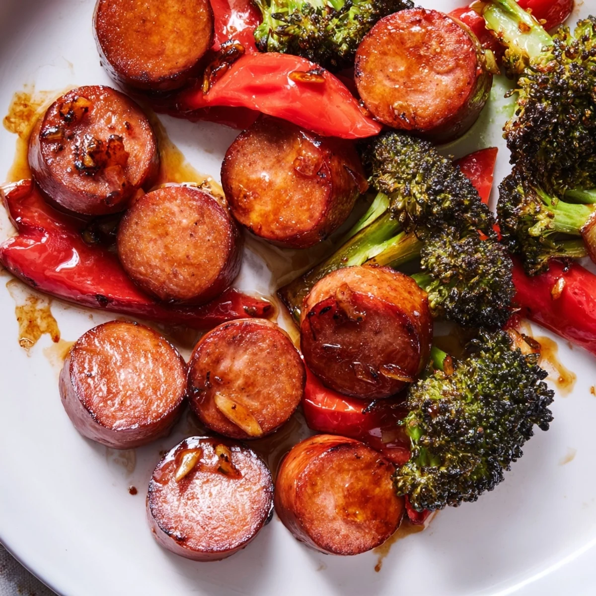 Honey garlic kielbasa and colorful veggies glistening with sweet glaze