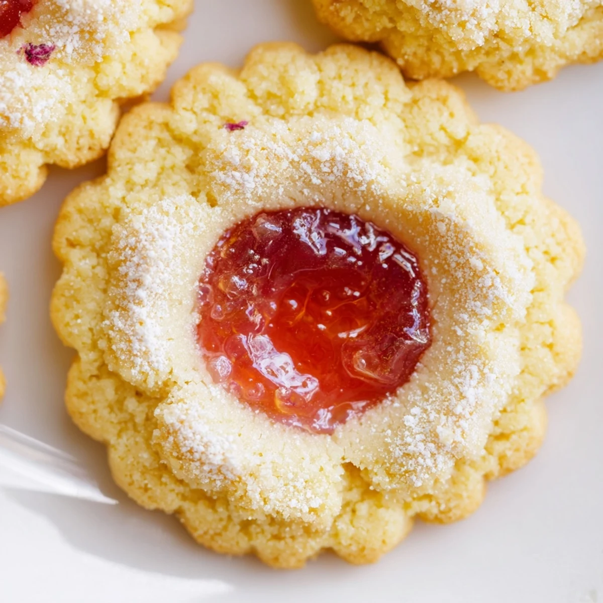 Golden Flower Jam Thumbprint Cookies with jewel-like centers on a rustic white ceramic plate