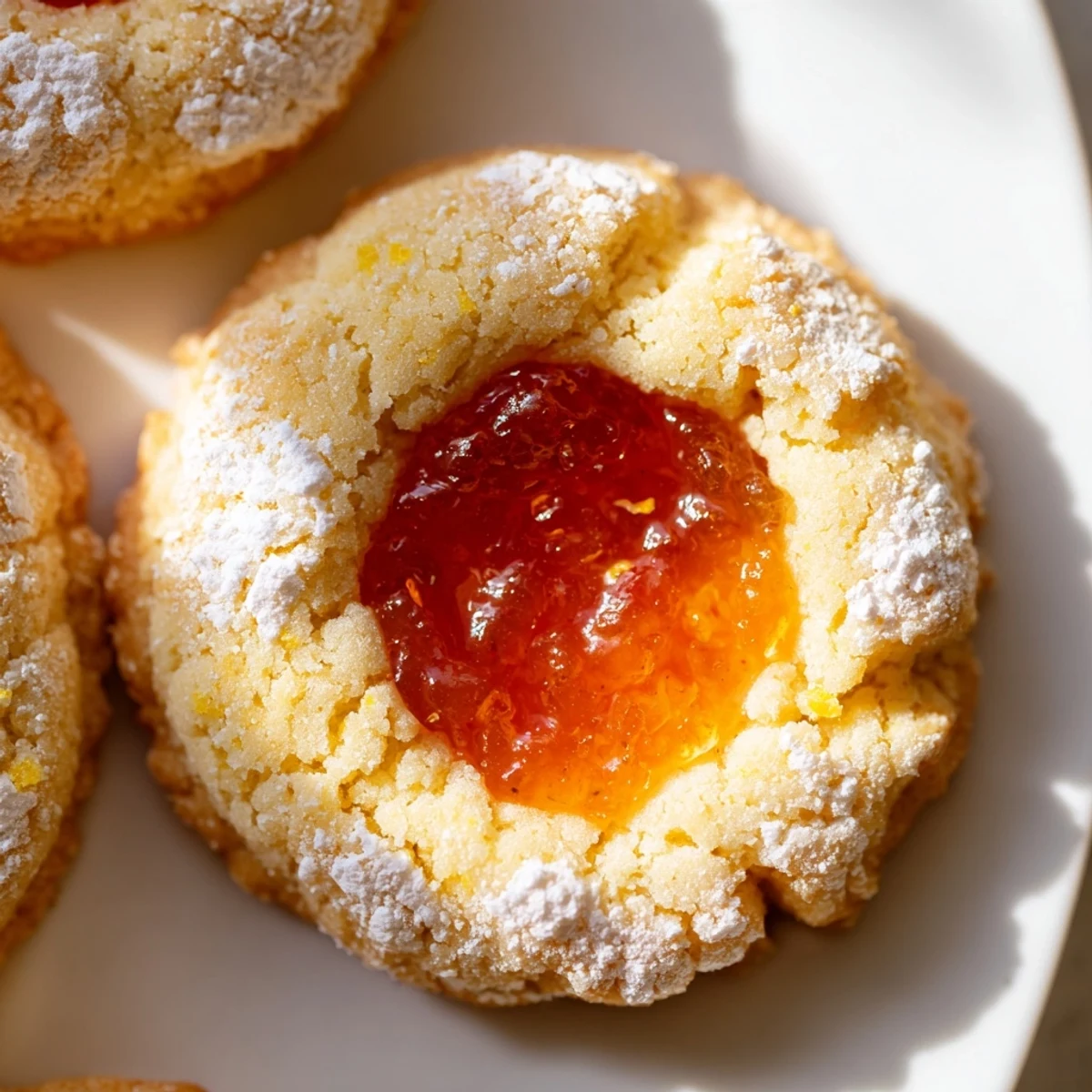 Buttery Flower Jam Thumbprint Cookies cooling on a wire rack dusted with powdered sugar