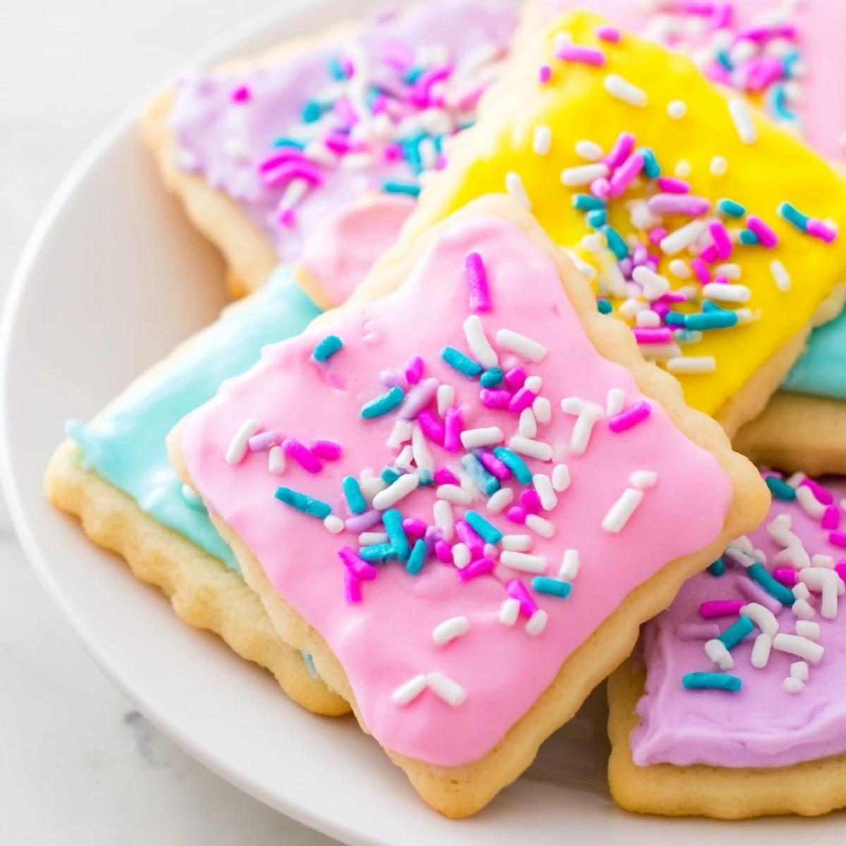 Soft Easter cookies with pastel royal icing and colorful sprinkles on a rustic white serving plate