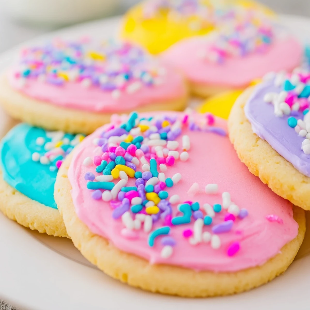Decorated Easter sugar cookies arranged on a baking sheet with smooth vanilla royal icing glaze
