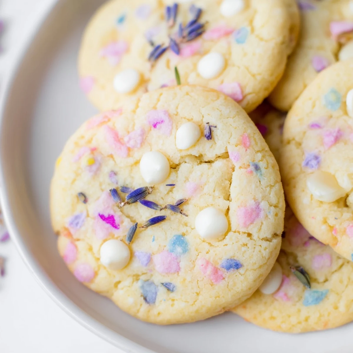 Spring Blossom Cookies with pastel sprinkles arranged on a rustic wooden serving board