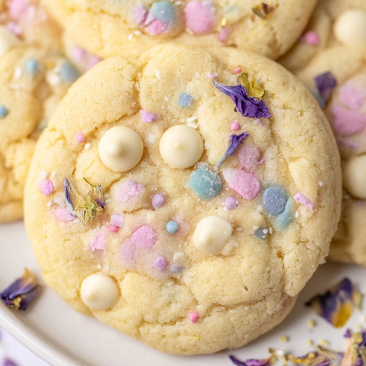 Golden-edged Spring Blossom Cookies cooling on a wire rack with colorful candy flecks