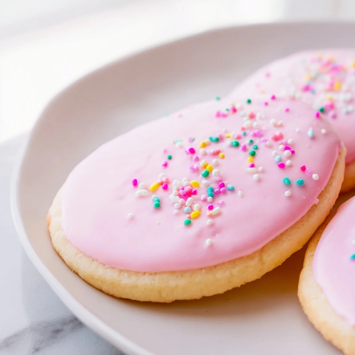 Spring Easter cookies decorated with soft pastel pink yellow and green royal icing on rustic wooden board