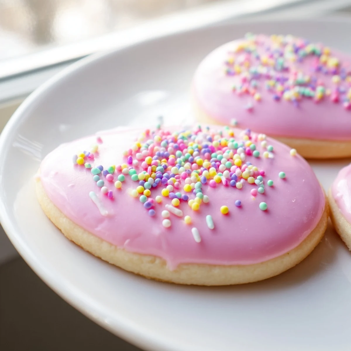 Buttery Spring Easter cookies shaped like bunnies and eggs arranged on white serving platter for holiday celebration