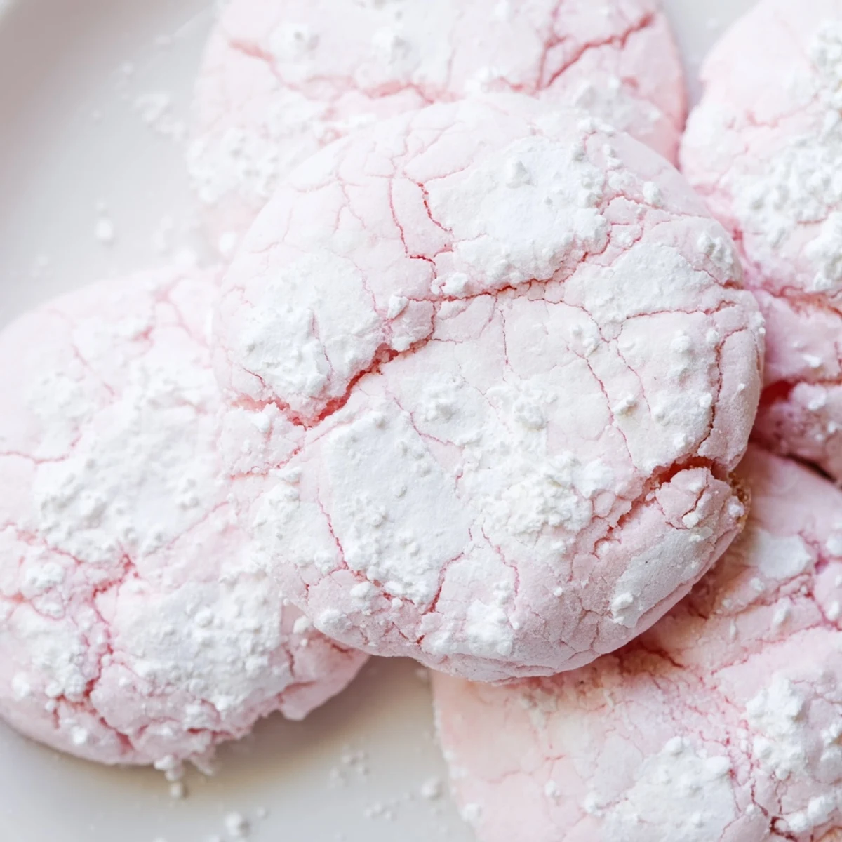 Soft pastel crinkle cookies with powdered sugar coating arranged on rustic white baking sheet